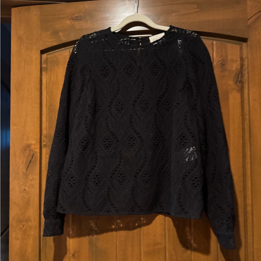 Sezane Navy Eyelet Lace Long Sleeve Blouse